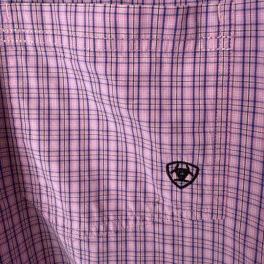 Ariat Pro Series Shirt Men L Pink Plaid Button Down Short Sleeve Chest Pocket - Picture 5 of 13